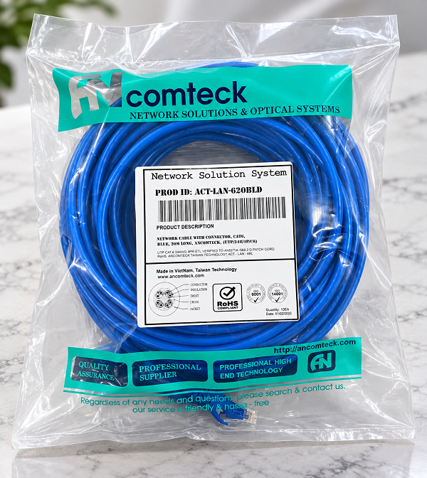 DÂY NHẢY PATCH CORD 20m CAT6 UTP lõi đồng, đầu đúc hiệu Ancomteck ACT-LAN-620BLD